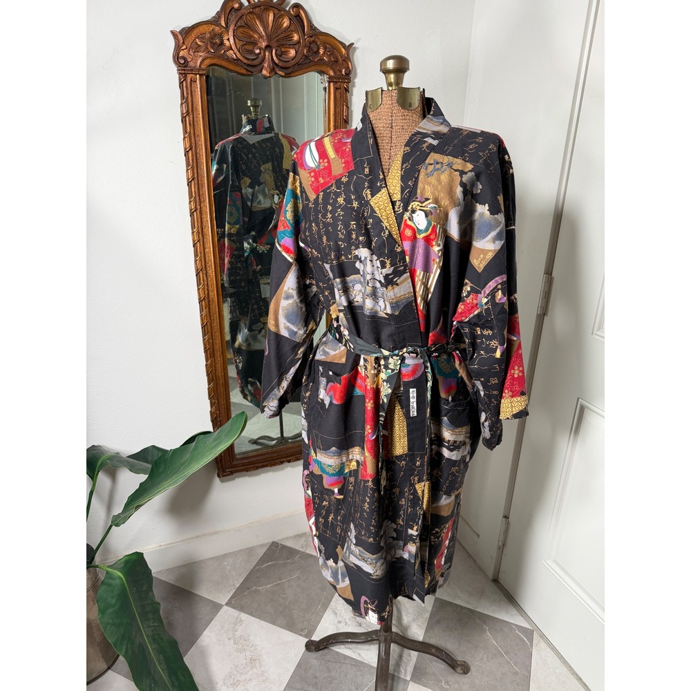 Vintage Japanese Geisha Cotton Yukata Robe Black Calligraphy Kimono Duster L